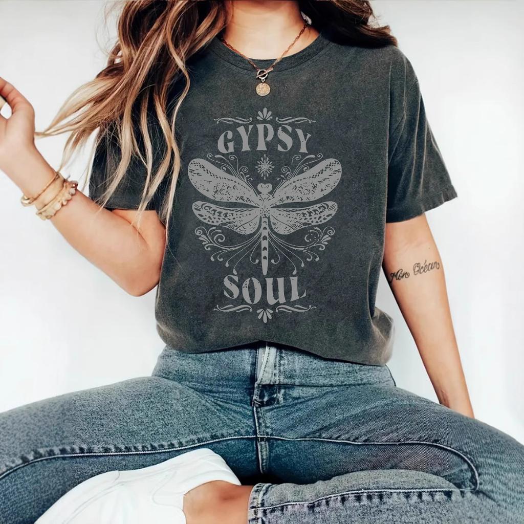 Women's New Cute Printed Short Sleeve Dragonfly Printed Round Neck Loose Short Sleeve