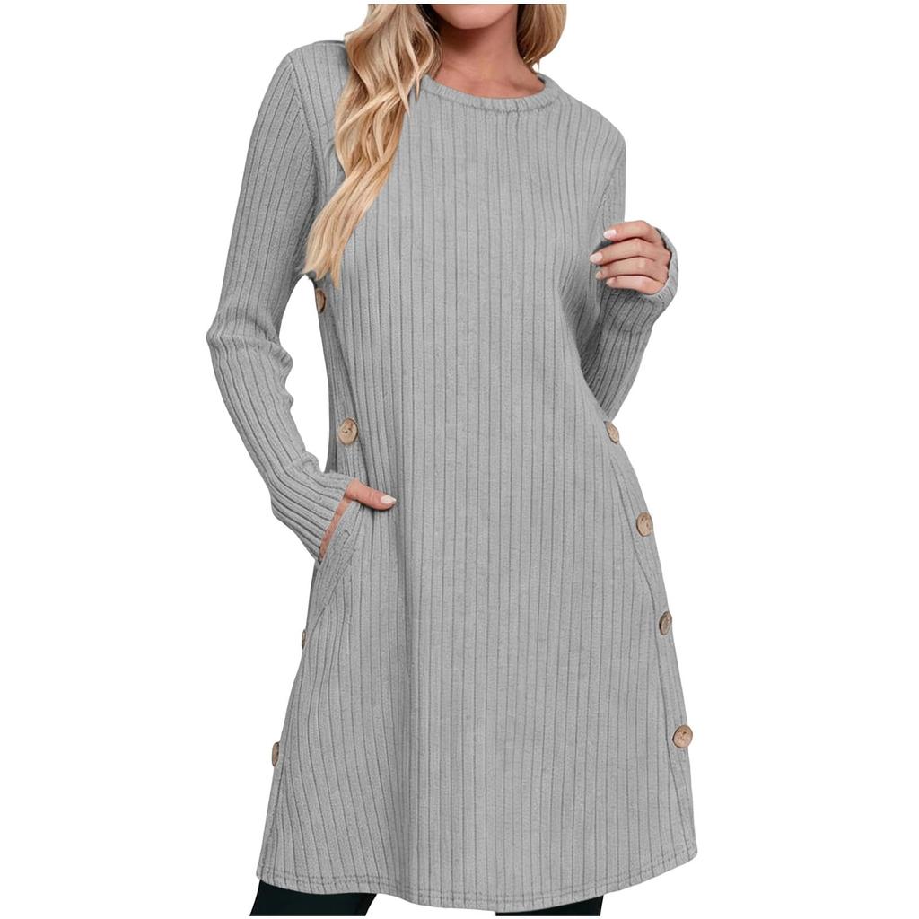Women's Casual Midi Dress with Round Neck and Side Button for Everyday Wear