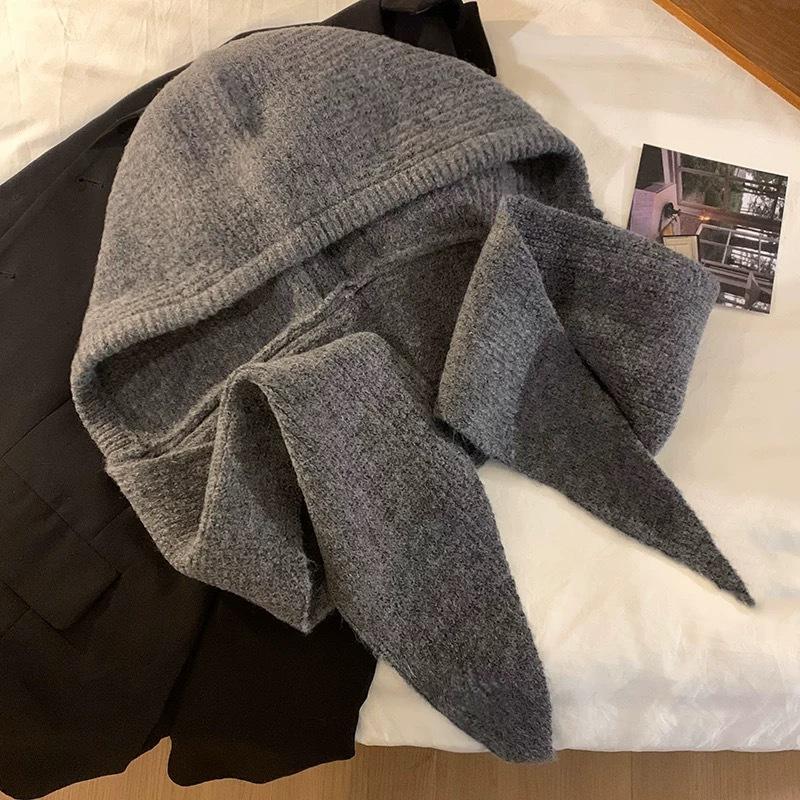 Red balaclava hat women's autumn and winter warm wool hat scarf integrated hooded scarf knitted hat winter