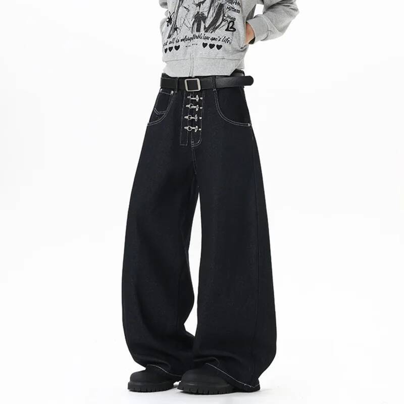 BeatStreet Korean Style Men and Women Jeans Solid Color Metal Buckle Casual Streetwear Straight Wide Leg Loose  Denim Pants Fashion