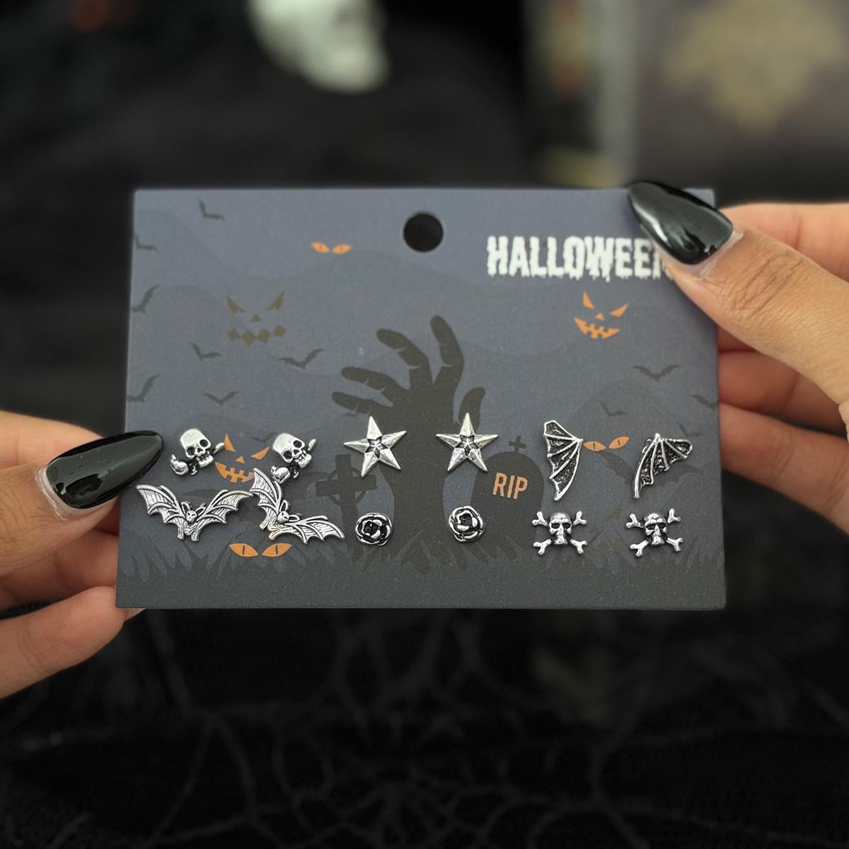 

Salircon 6Pair/Set Gothic Skull Spider Web Cross Metal Pendant Earrings Women Punk Piercing Earring Party Jewelry Halloween Gift