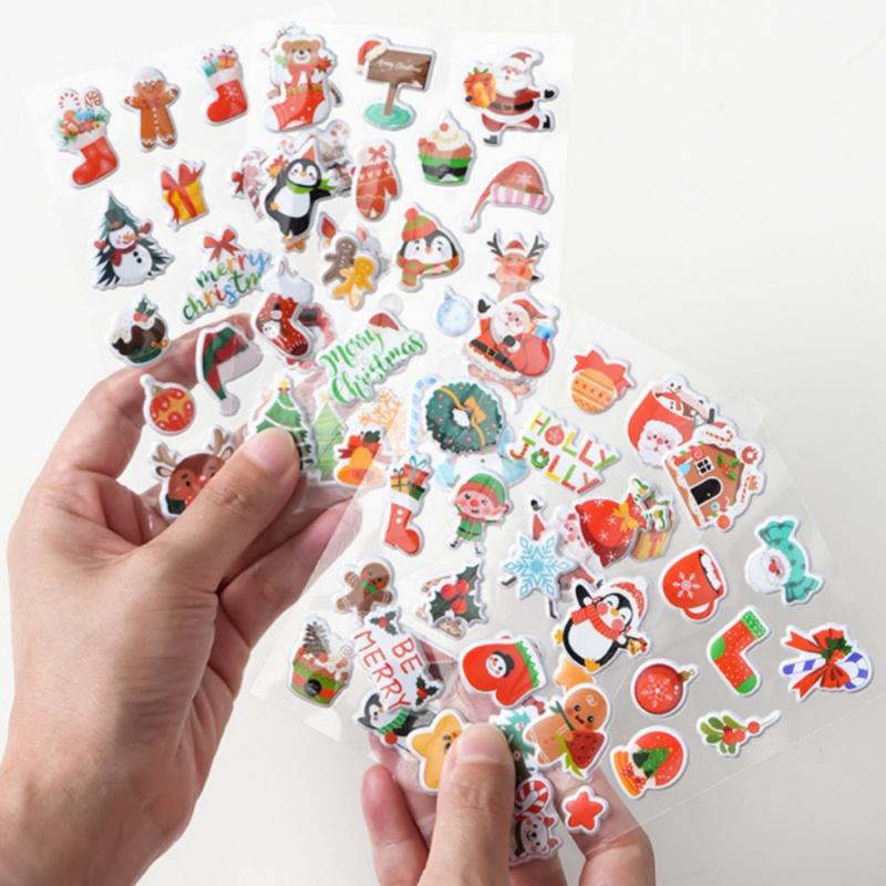 4pcsChristmas Bubble Stickers3DHoliday Party Decoration Stickers Santa Claus Elk Christmas Tree Cane Stickers Gift Stickers