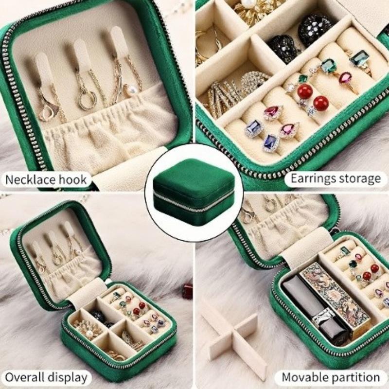 Joyero de terciopelo para mujer, organizador de collares, anillos y pendientes, portátil, de viaje, con cremallera, cuadrado, para guardar joyas.