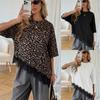Summer Women's Loose Crew Neck Short Sleeve T-Shirt, Leopard Print Patchwork Lace Casual Top for Crossborder Europe America