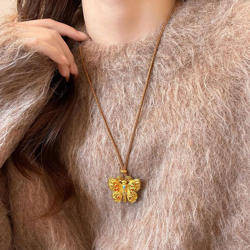 2025 Gold Sand Cloisonné Filigree Butterfly Necklace - Light Luxury Sweater Chain Accessory