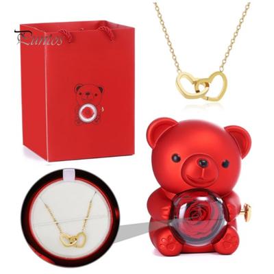 Preserved Rose Hug Bear Gift with Heart Necklace Rotatable Eternal Flower Bear Gift Box Wife Mom Grandma Girlfriend Valentine's Day Birthday Gift