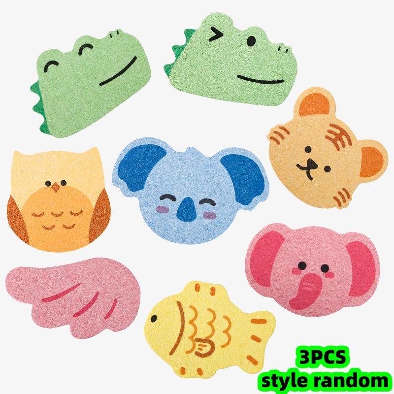 3-Piece Set of Bath Sponges with Random Animal Design Elements, Made from Natural Wood Pulp, Bath Scrubber, Bath Ball, Bath Scrub Towel, Cleaning Su