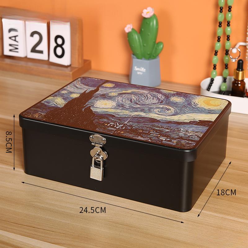 Iron Box with Lock and Key Desktop Storage Box Retro Tinplate Cosmetics ID Storage Household Jewelry Storage Empty Box
