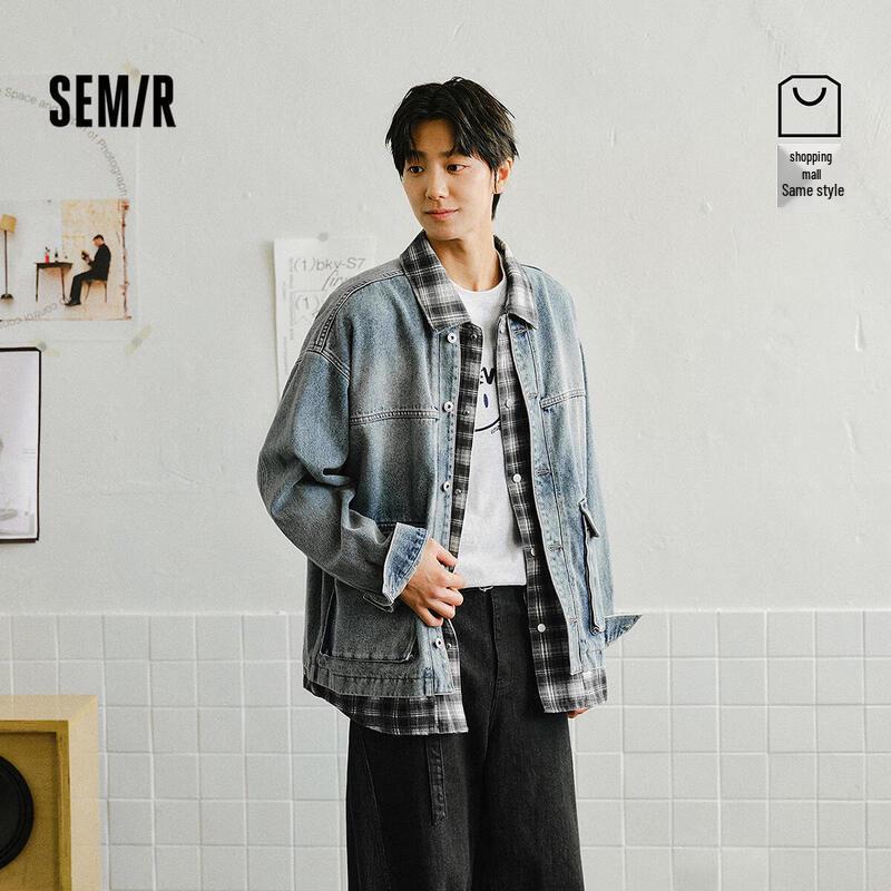 Semir Men s Faux Two-Piece Patchwork Plaid Denim Jacket L
