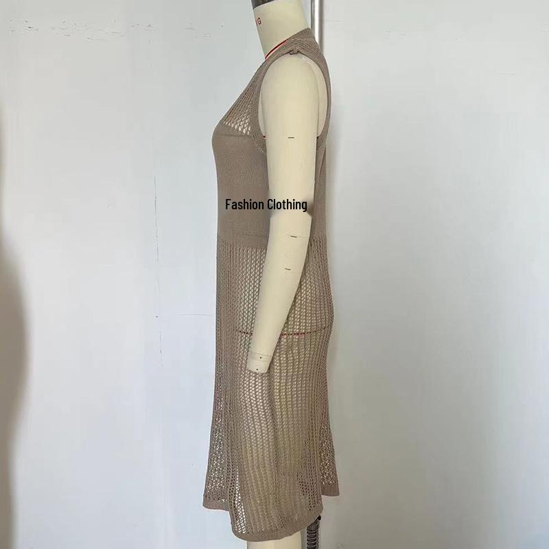 European & American Beach Vacation Sexy Solid Color Knit Split Sun Protection Maxi Dress