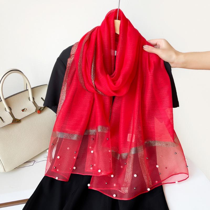 Spring new solid color pearl silk scarf women's imitation silk light large shawl long scarf scarf