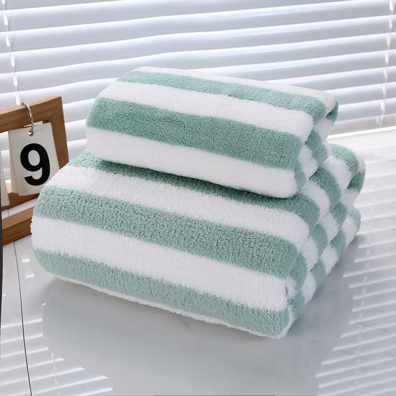 Coral Velvet Two-Color Striped Towel - Large, Thick, Absorbent, No Shedding, Ideal for Bathing & Children's Face Washing