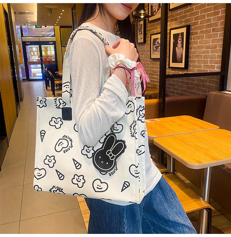 Cute Cartoon Canvas Shoulder Bag - Large Capacity, Fashionable & Versatile Heart Tote for Women