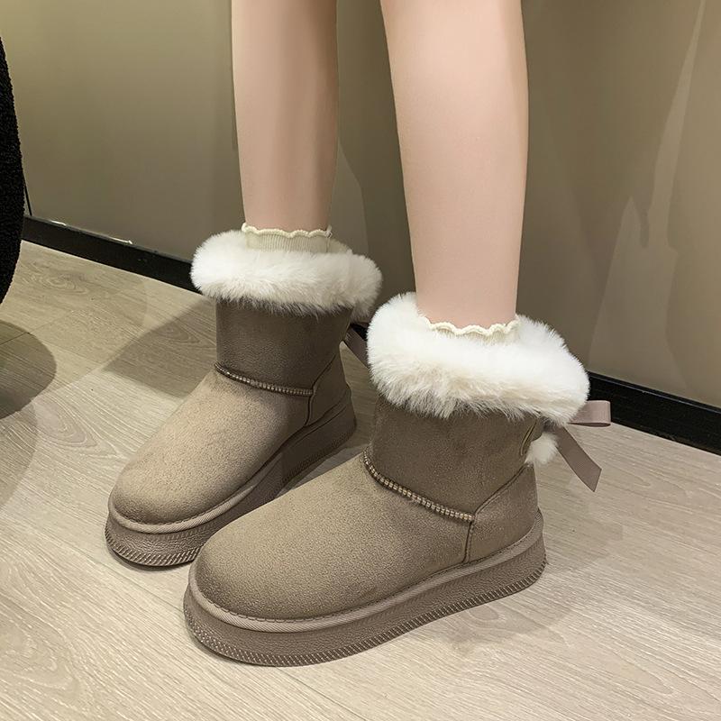 2025 New Bow Decoration Casual Women's Snow Boots Thick Sole Plus Size Warm Cotton Shoes