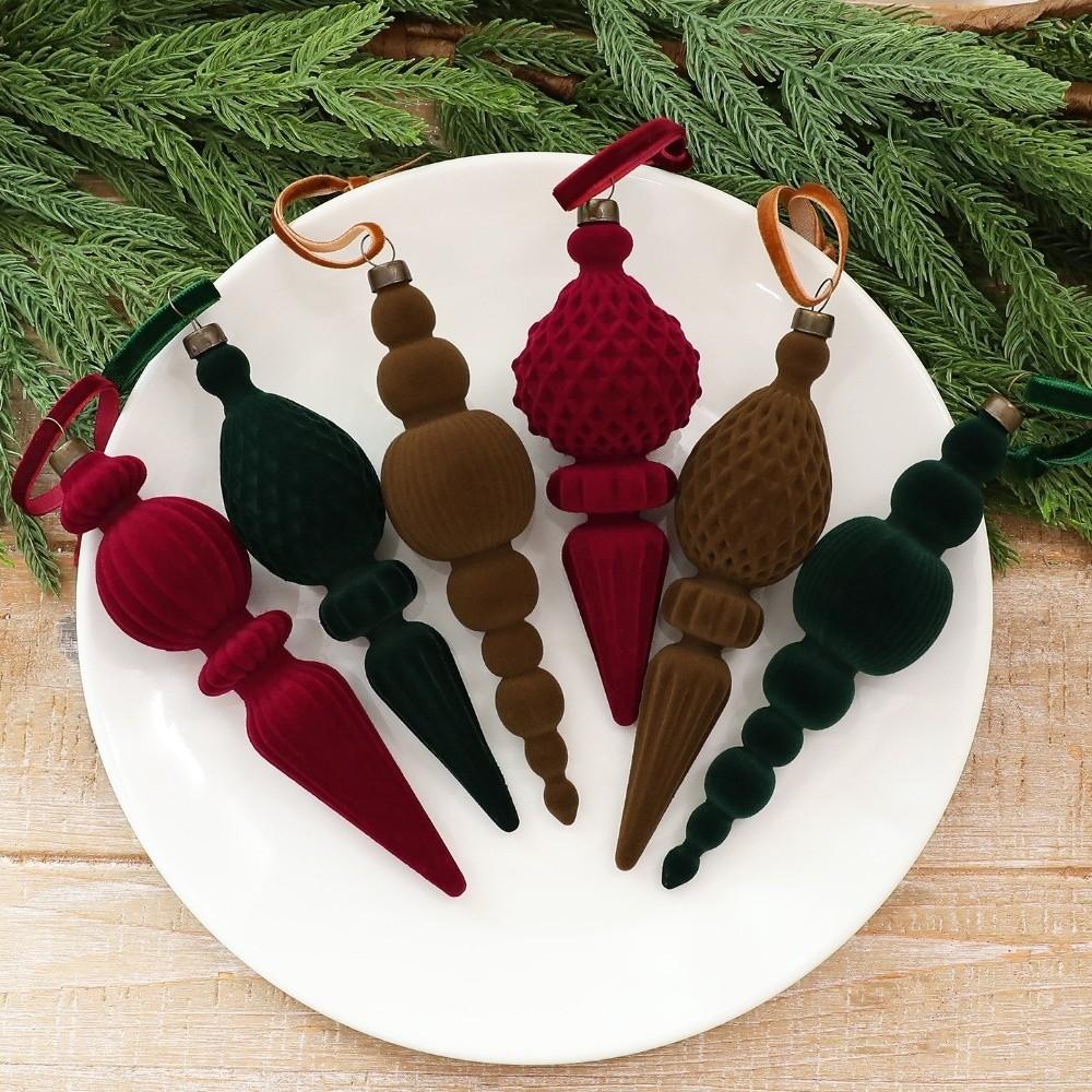 9Pcs Solid Color Velvet Christmas Ball Set Vintage Long Finial Hanging Ornaments New Year