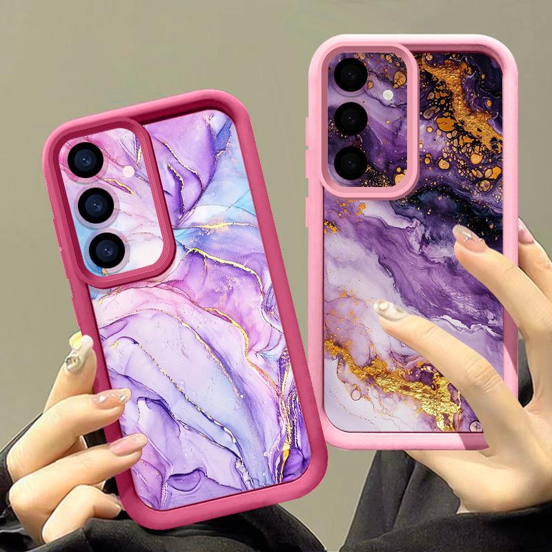 Purple Marble Pattern Case For Samsung S26 S25 Ultra S24 S23 Plus S22 S21 FE A54 A15 A25 A35 A55 A16 A26 A36 A56 A17 A27 A37 A57 5G Shockproof Cover