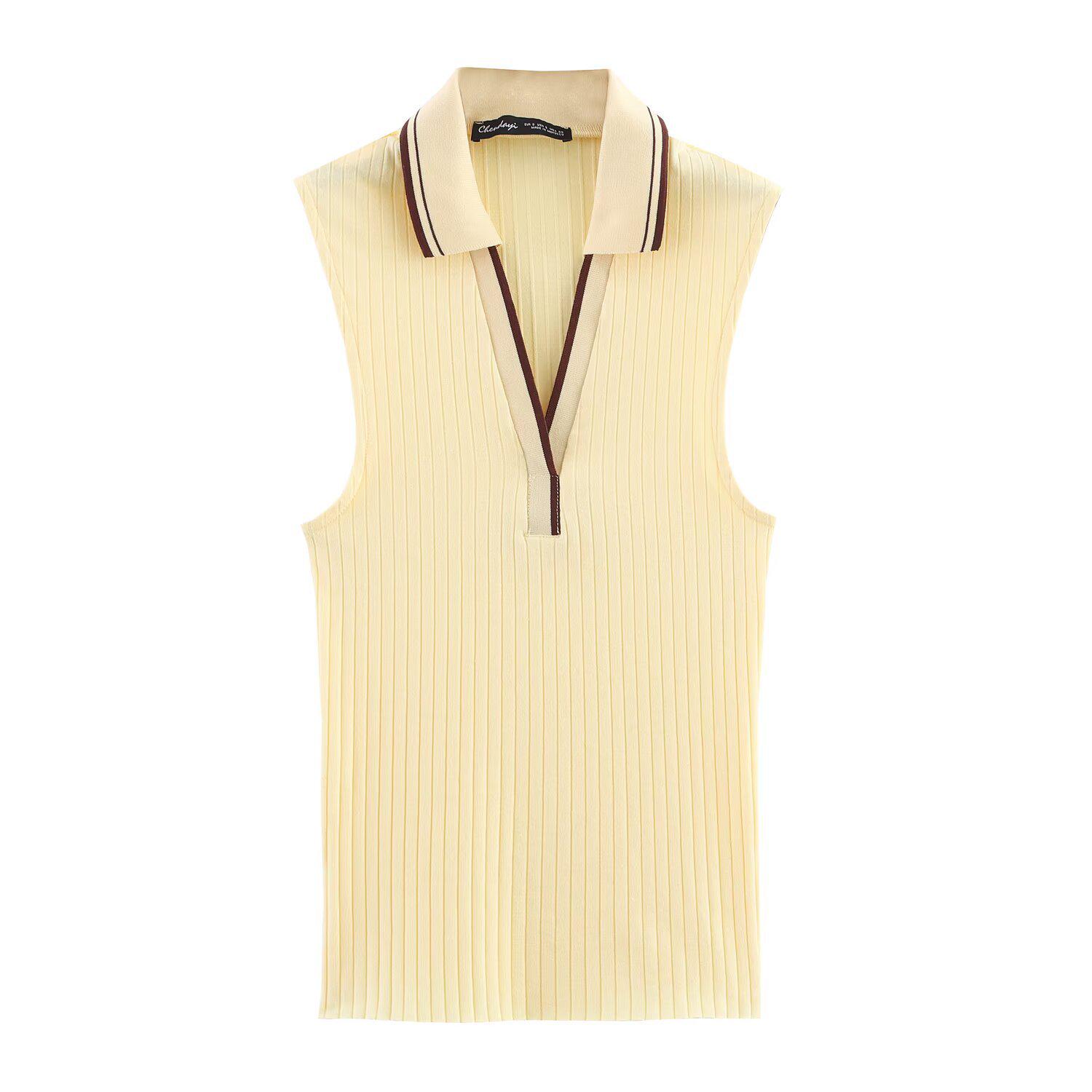 

European & American Women s Fashion Ribbed Sleeveless Polo Collar Knit Vest Small