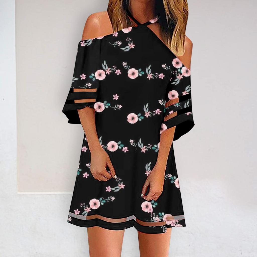 Fashion Womens Loose Summer Print Hanging Neck Strapless Short-sleeved Dress