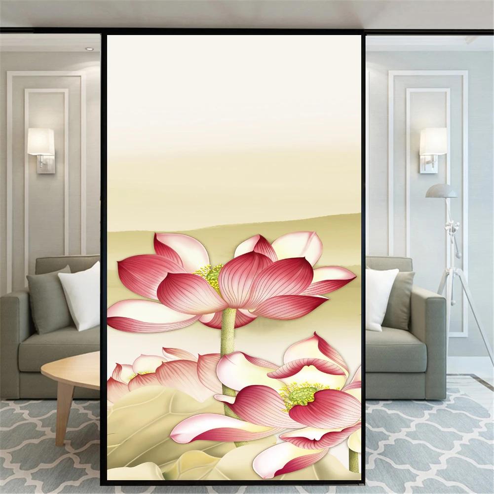 

No Glue Window Film Privacy Static Cling Decorative Flower Lotus Window Treatments Window Sticker (as the picture,40x60cm WxH)