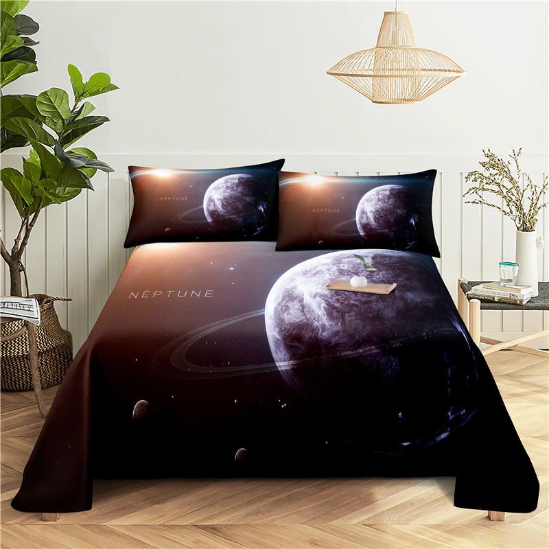 Cosmic Planets Bed Sheet Set Soft Polyester Bed Flat Sheet With Pillowcase Romantic Universe Galaxy Print Bed Sheet Home Textile