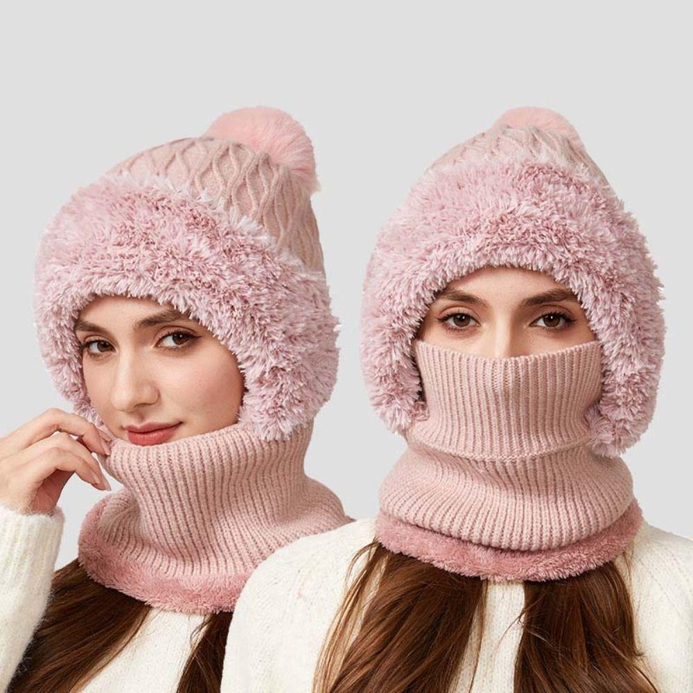 Plush Winter Cap Mask Set Solid Color Balaclavas Hat Fashion 2in1 Scarf Hat Ski