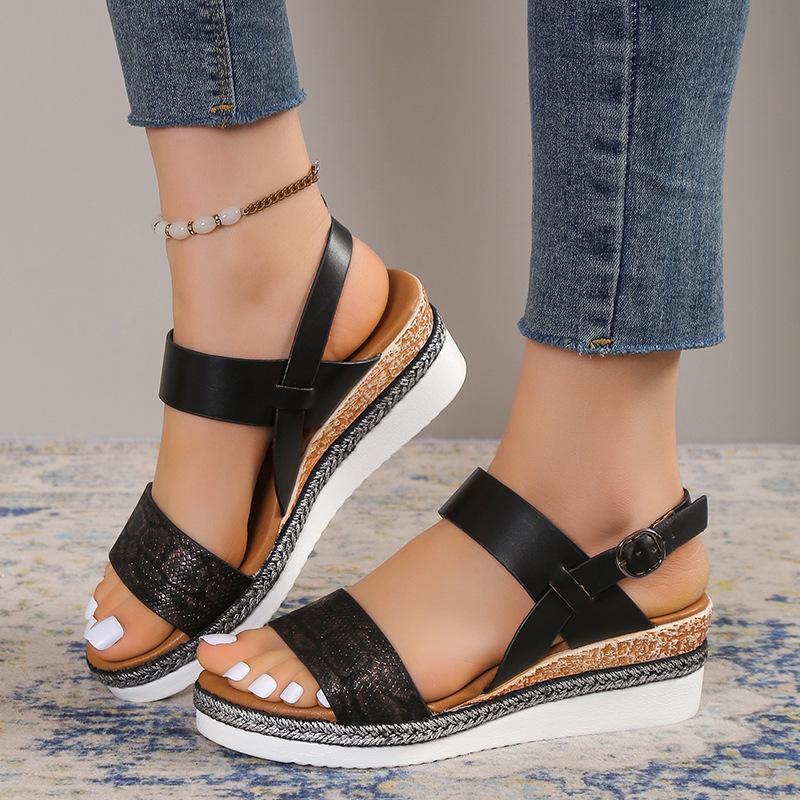Summer New One Line Sandals Women's Casual Shoes Open Toe Slope Heels Large Sandals Women