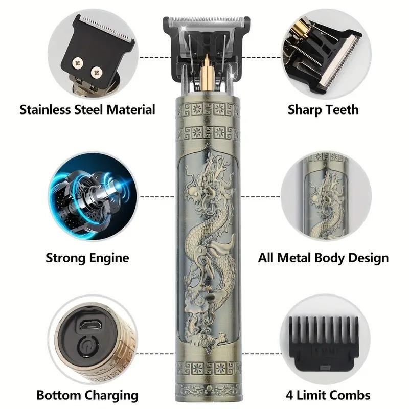 Vintage T9 Electric Hair Clipper Professional Men's Rechargeable Barber Trimmer for Men Dragon Buddha Design
