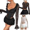 V-neck Lace Corset T Shirts Transparent Lace Crop Tops Women Long Sleeve Mesh Shirts Travel