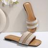 [Foreign Trade] Korean version of rhinestone flat-bottomed slippers, female outer wear, fairy wind-cool slippers, square head open toe one-word drag