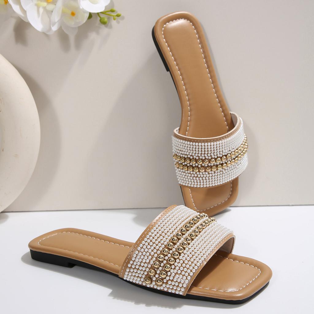 [Foreign Trade] Korean version of rhinestone flat-bottomed slippers, female outer wear, fairy wind-cool slippers, square head open toe one-word drag