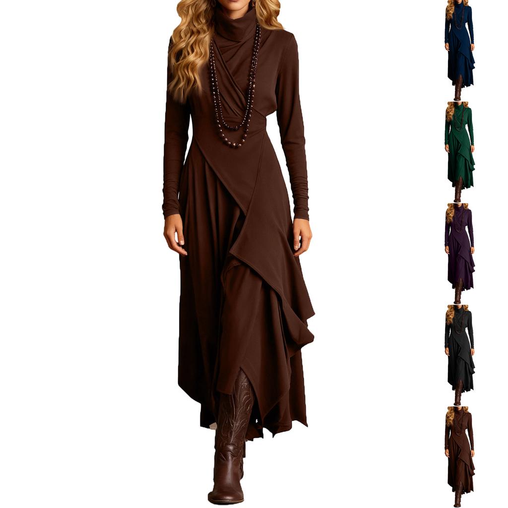 Women’s Long Sleeve Turtleneck Maxi Dress Asymmetric Hem Layered Ruffle Design A Line Fit Soft Fabric Elegant Style