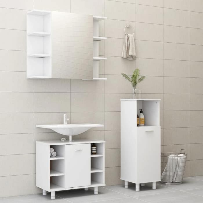 Ensemble de meubles de bain - VIDAXL - 3 pcs - Bois d'ingénierie - Blanc - Rangement optimisé