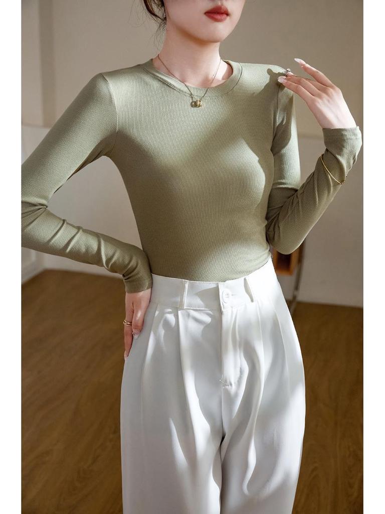 Women's High-Elastic Cotton Ribbed Crew Neck Long-Sleeve Base Layer Top - 2025 Autumn/Winter Collection
