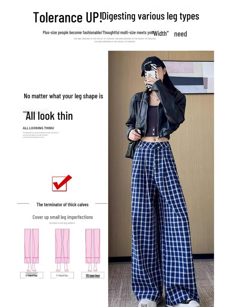 Women's Blue Retro Plaid Double-Breasted Wide-Leg Pants - Zhao Lusi Spring & Autumn Style