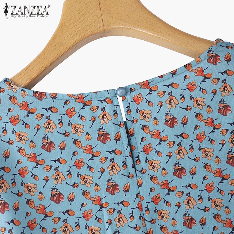 ZANZEA Bluză de damă casual cu gât rotund, cu șireturi, mânecă scurtă, largă, cu imprimeu