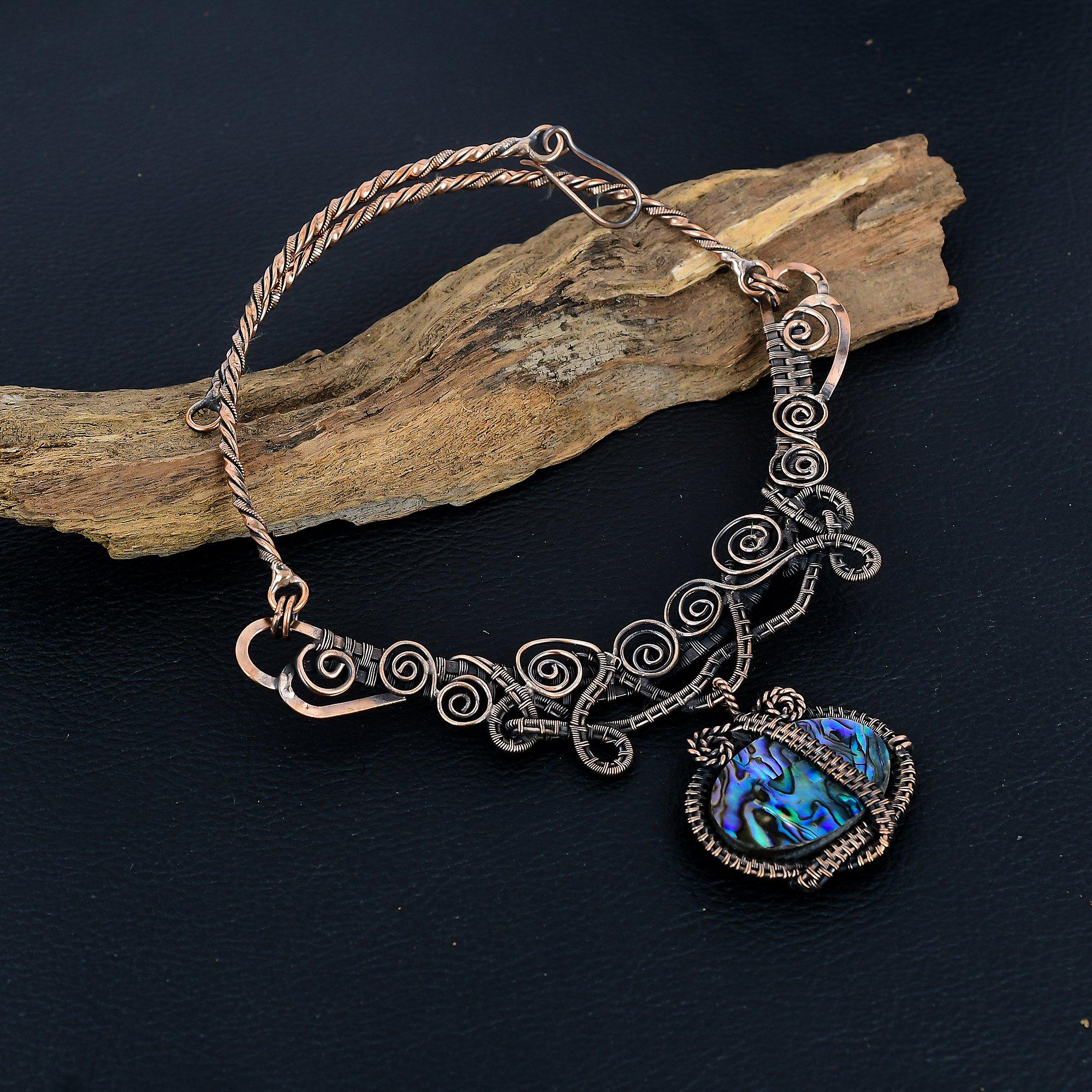 

Ожерелье из раковины абалона, обернутое медной проволокой 999 пробы, регулируемая цепочка, подарок для женщин, ожерелье из драгоценных камней ручной работы