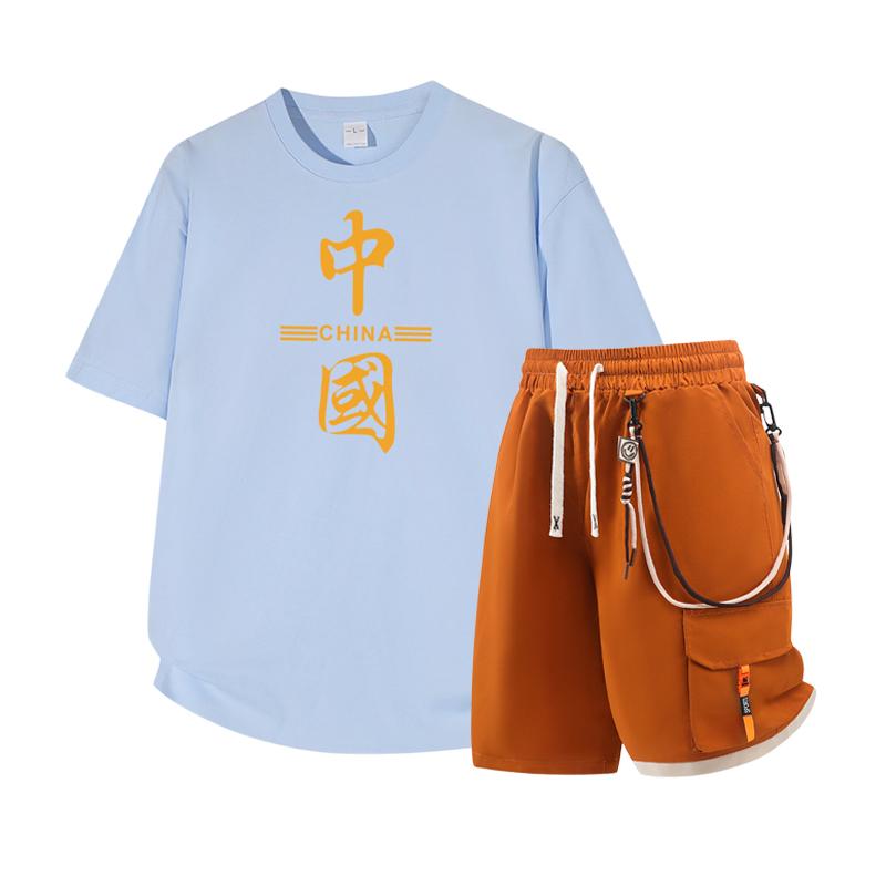 Men's Short Sleeved Set Summer Short Sleeved Slim Fit Upper Garment Men's Two-piece Set