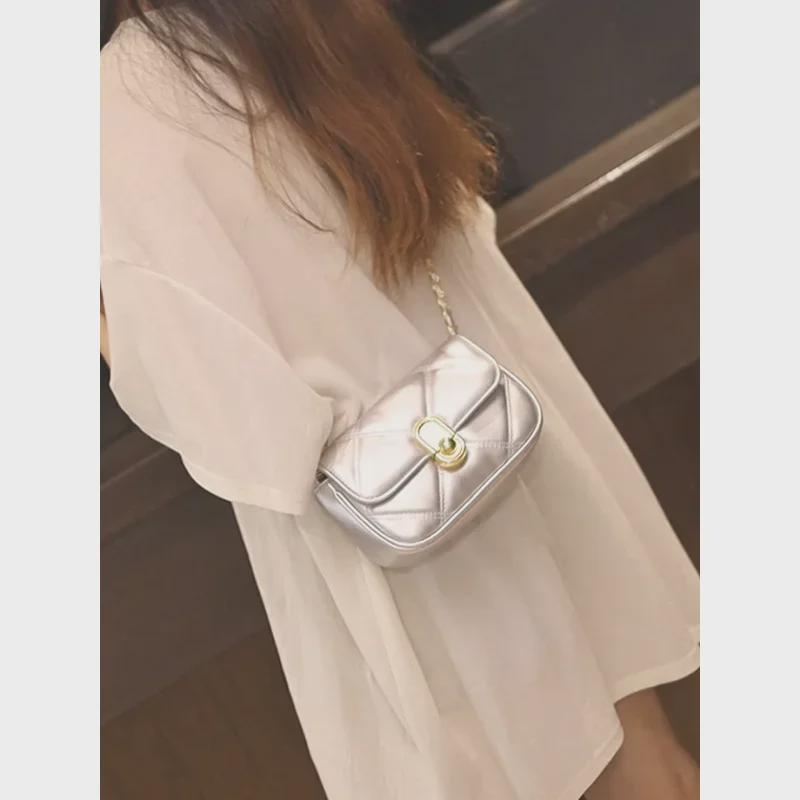 Fashion Diamond Silver Mini Bag - Women's Chain Messenger, Summer Luxury Small Square.