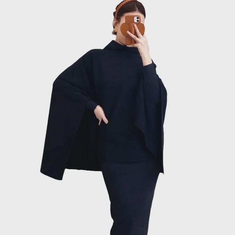 Women's Wool Blend Cape: Turtleneck Sweater Coat with Bat Sleeves - Cos Style for Autumn/Winter