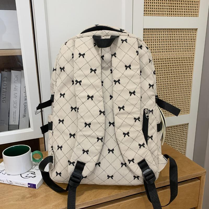 Bow Print Corduroy Backpack Casual Fashion Daily Bag Large Capacity School Bag for Students Minimalist Design Commute Travel with Tassel Accents