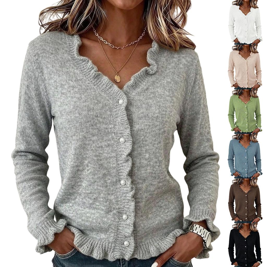 Women's Elegant Color Long Sleeve Cardigan Sweater with Ruffle Trim Button Front