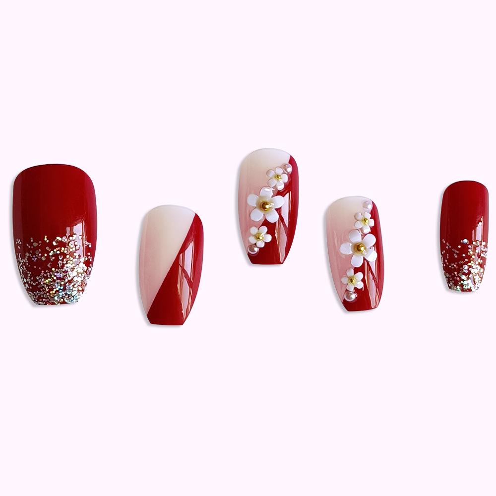 3D Camellia Wine Red Glitter Wearable Nails