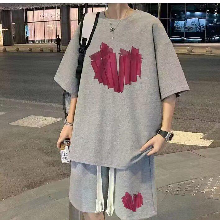

2026 Summer Printed Loose Two-Piece Short Sleeve and Shorts Set 2XL сірий колір