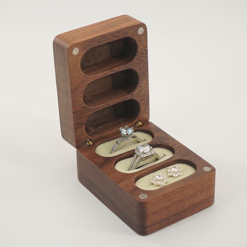 Black Walnut Wood Ring/Earring Storage Box, Three Anti-Oxidation Slots