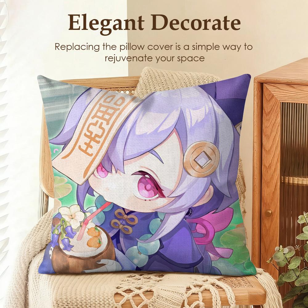 Qiqi Cute Genshin Impact Cushion Cover Natural Linen Organic Fabric DoubleSided Printing Sofa Home Decor Gift Pillow Case