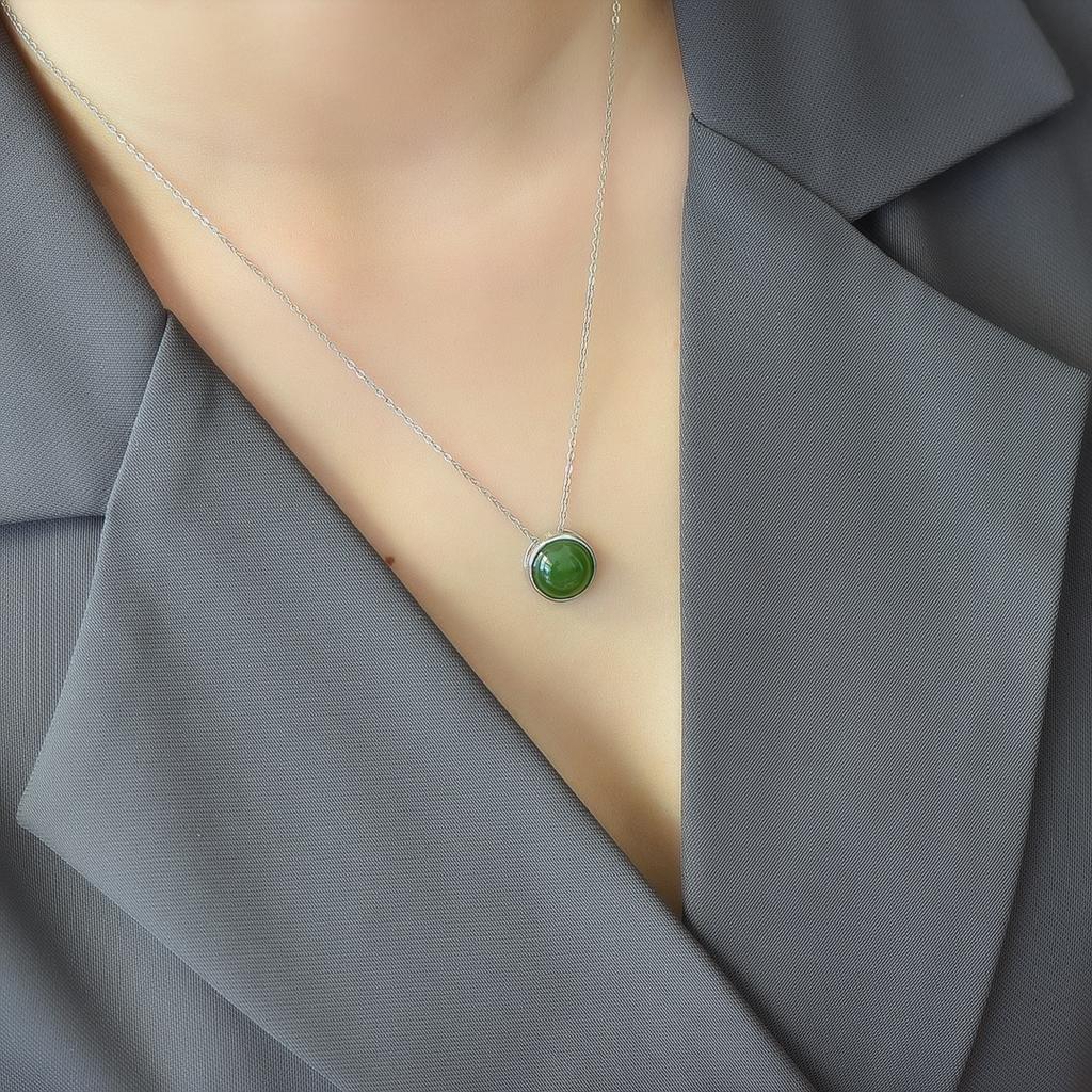 Hotan Jade Jasper S925 Silver Inlaid Egg Face Pendant Necklace Women's Fashion Simple Style with Certificate