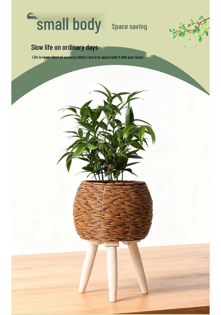 Triangular Faux Rattan Flower Stand - Desktop Succulent Holder and Decorative Straw Woven Pot