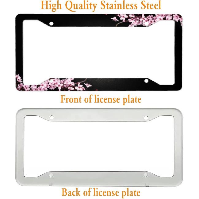 Cherry Blossom License Plate Frame Pink License Plate Cover Funny Auto Accessory Bracket Aluminum Metal Black License Plate Frames For Women Men (Set