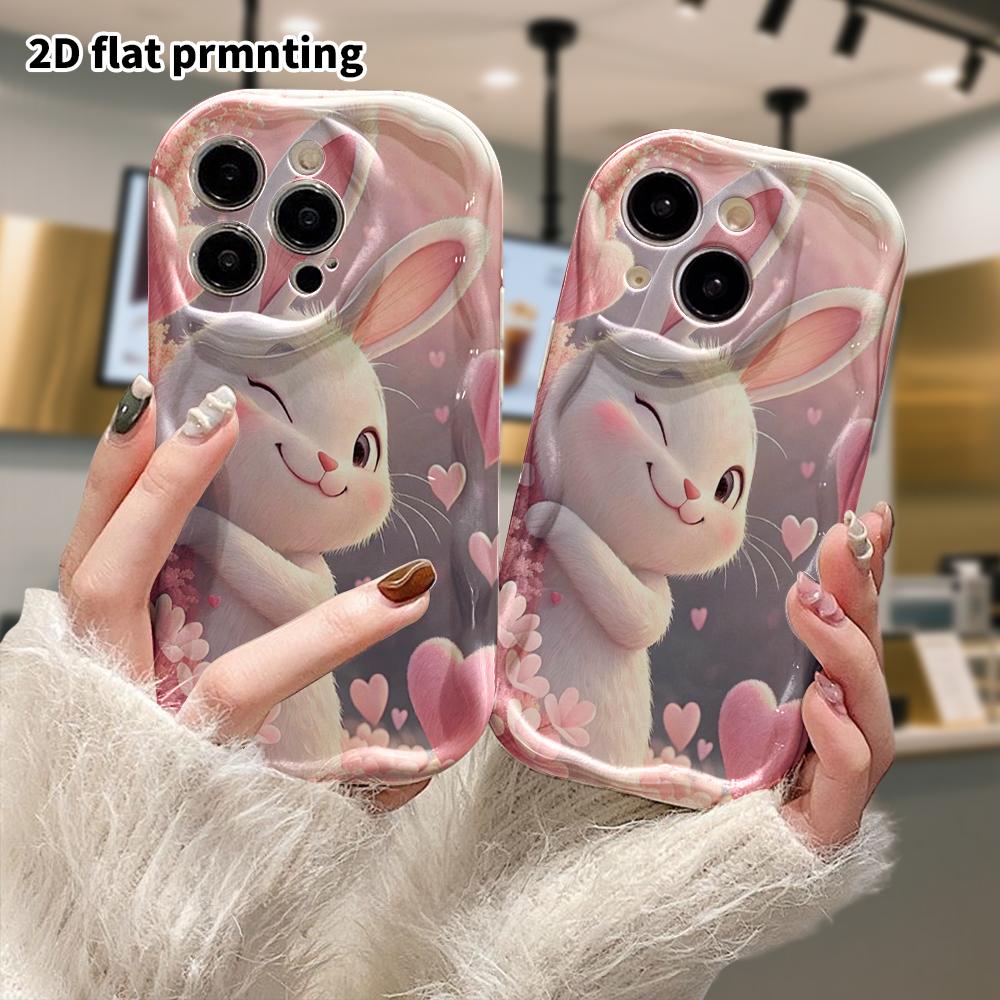 Phone Case: 2D Flat Design Suitable for iPhone 18 17 16 15 14 13 Pro Protective Case, Cherry Blossom Winking White Rabbit, Perfect Christmas and Hallo