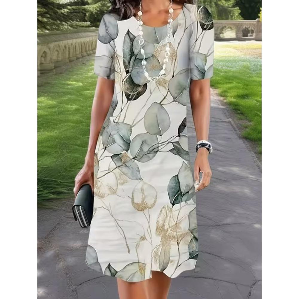 Women's Fashion Vintage Pattern Print Summer Spring Short Sleeve O-Neck Casual Dresses